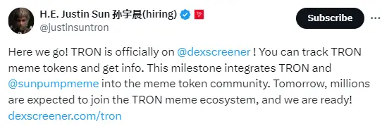 孙宇晨：现可在 Dexscreener 上追踪 TRON 生态的 Meme 代币